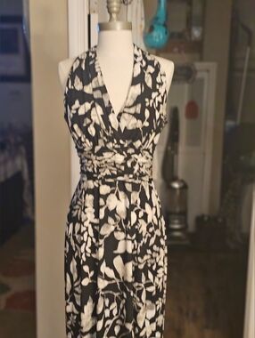 Evan Picone Black and White Floral Halter Midi Dress